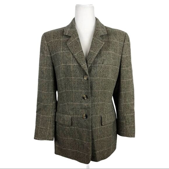 Rene Lezard Check Print Wool/Angora/Cashmere Long Blazer Jacket Size 12 Career